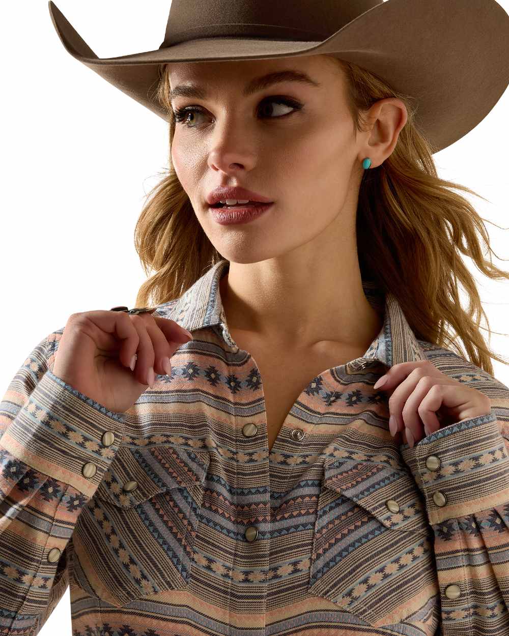 Ombre Blue Southwest coloured Ariat Womens Arizona Western Snap Shirt on white background