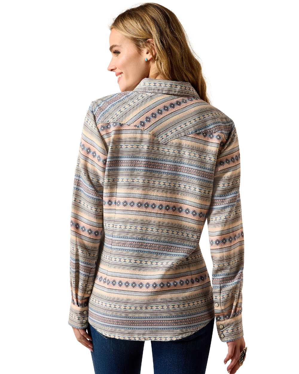 Ombre Blue Southwest coloured Ariat Womens Arizona Western Snap Shirt on white background