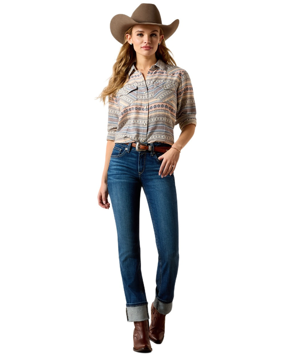 Ombre Blue Southwest coloured Ariat Womens Arizona Western Snap Shirt on white background