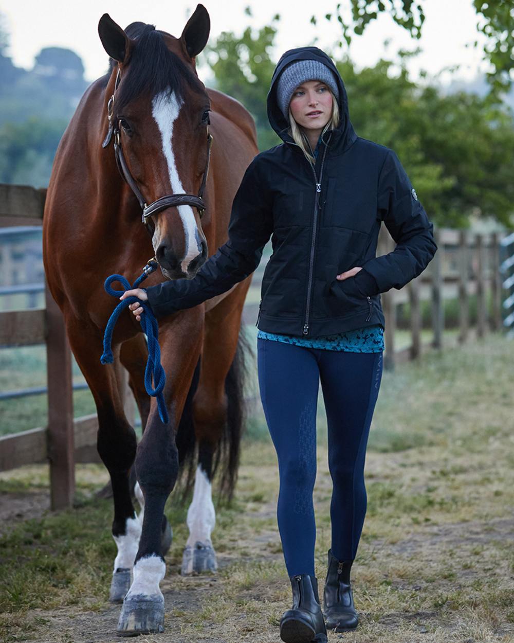 Navy Coloured Ariat Womens Avail 2.0 Half Grip Tights on outdoor background