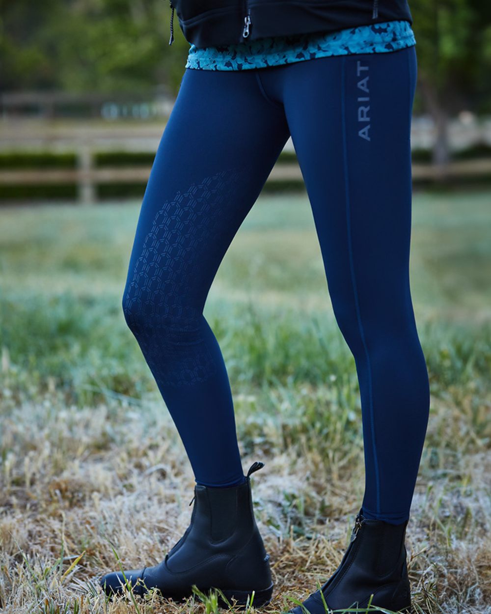Navy Coloured Ariat Womens Avail 2.0 Half Grip Tights on outdoor background