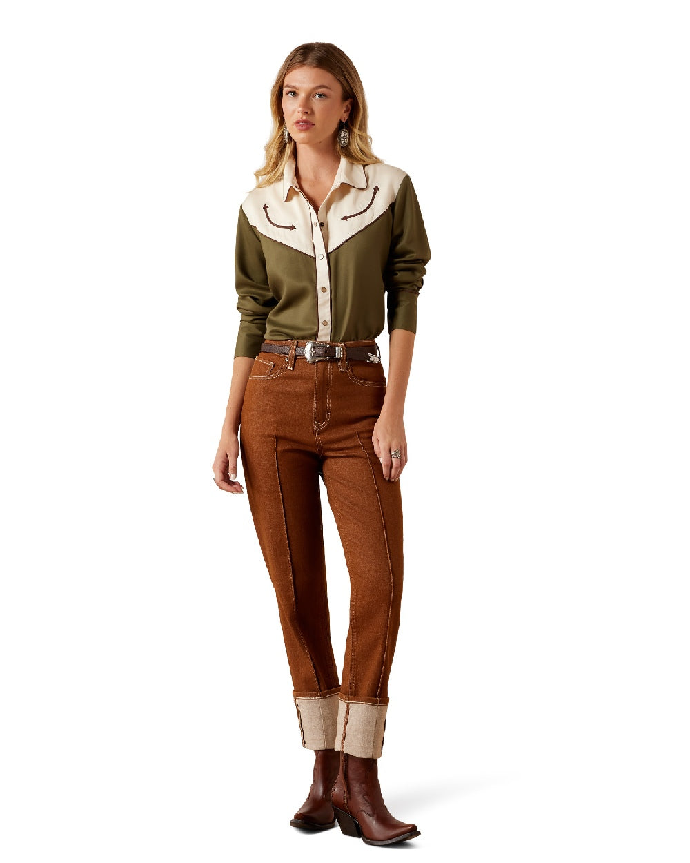 Ivy Green Parchment coloured Ariat Womens Bellamy Snap Shirt on white background
