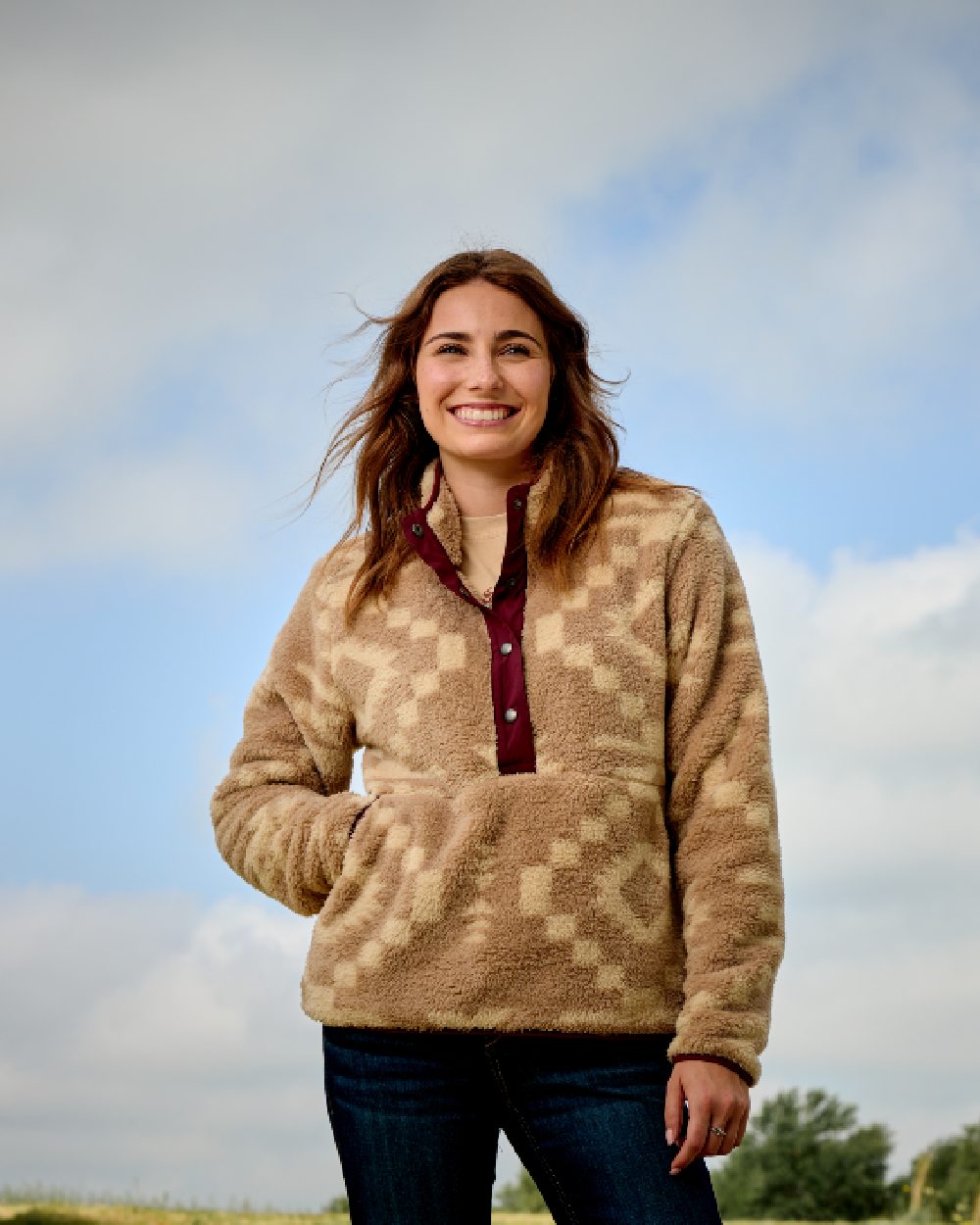 Lone Ridge Print Coloured Ariat Womens Berber Snap Front Sweatshirt on outdoor background