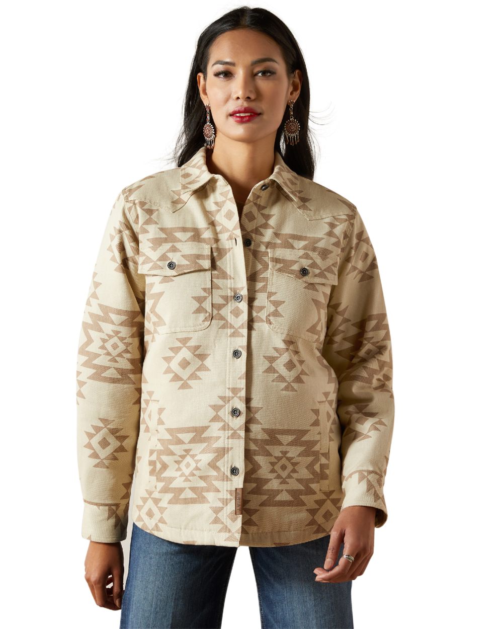 Puebla Print Coloured Ariat Womens Clovis Insulated Shirt Jacket on white background