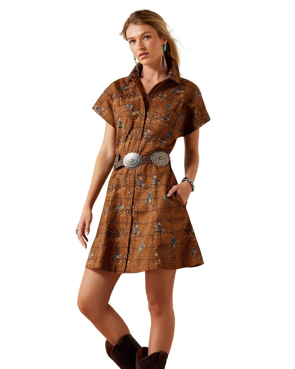 Glen-Plaid-Rodeo coloured Ariat Womens Cody Dress on white background