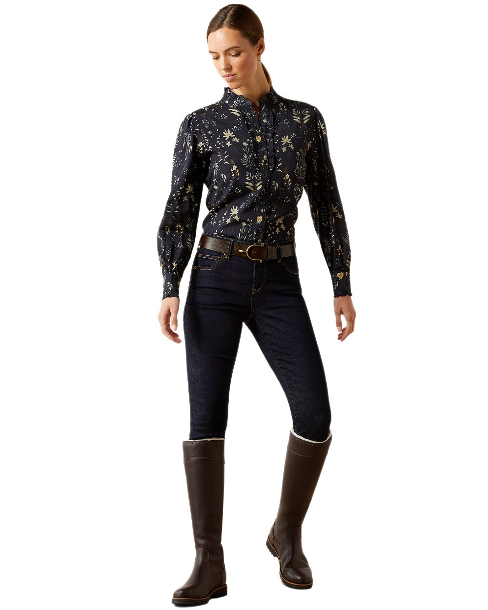 Navy Floral Print coloured Ariat Womens Cricklade Blouse on white background