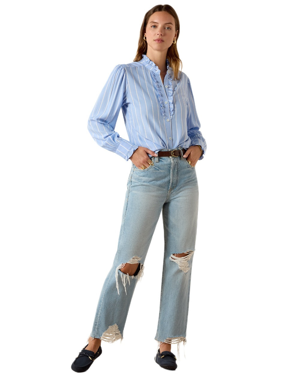Pacific Blue Stripe coloured Ariat Womens Cricklade Blouse on white background
