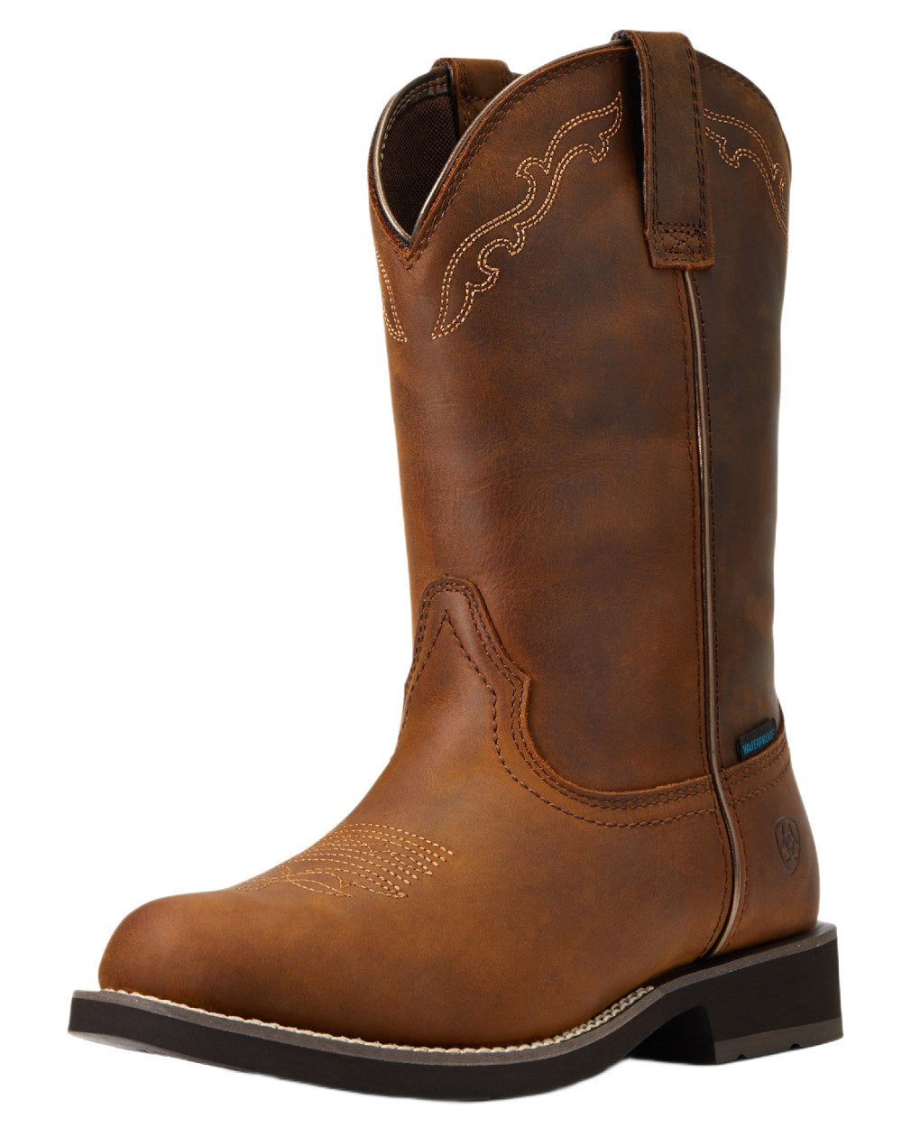 Distressed Brown coloured Ariat Womens Delilah Round Toe Waterproof Western Boots on white background