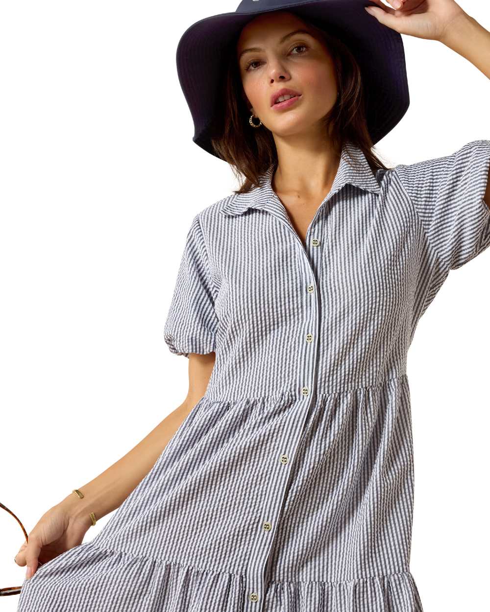 Navy White Stripe coloured Ariat Womens Dovestone Dress on white background