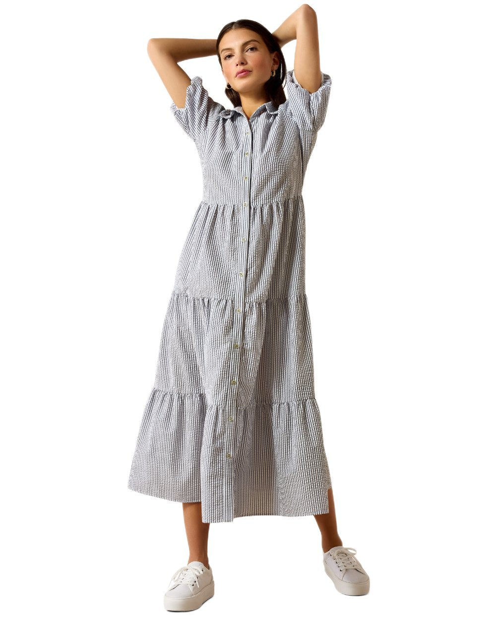 Navy White Stripe coloured Ariat Womens Dovestone Dress on white background