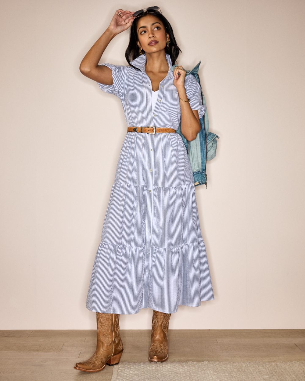 Navy White Stripe coloured Ariat Womens Dovestone Dress on wall background