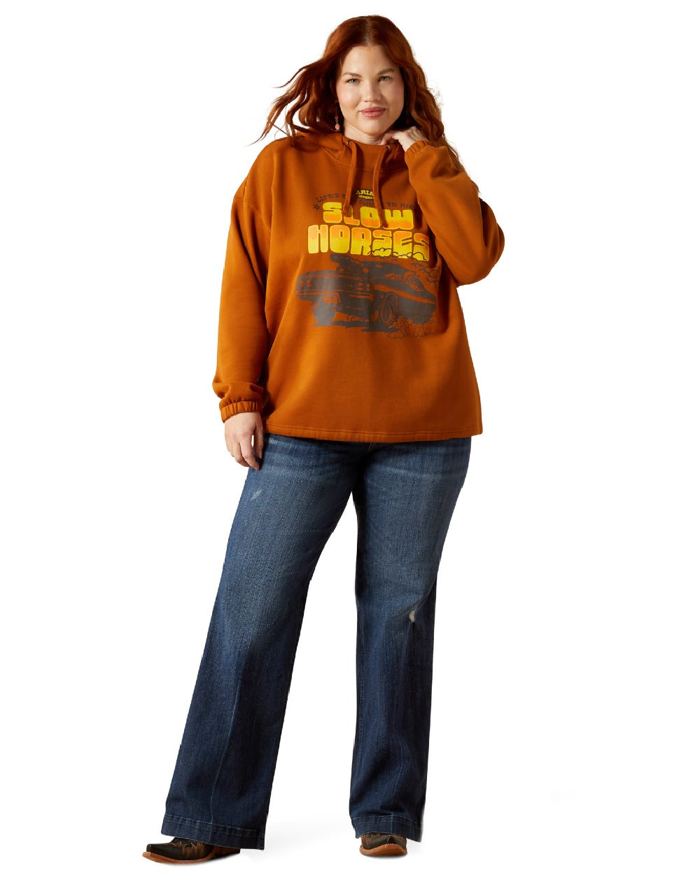 Glazed Ginger Coloured Ariat Womens Essential Sendero Slow Horses Hoodie on white background