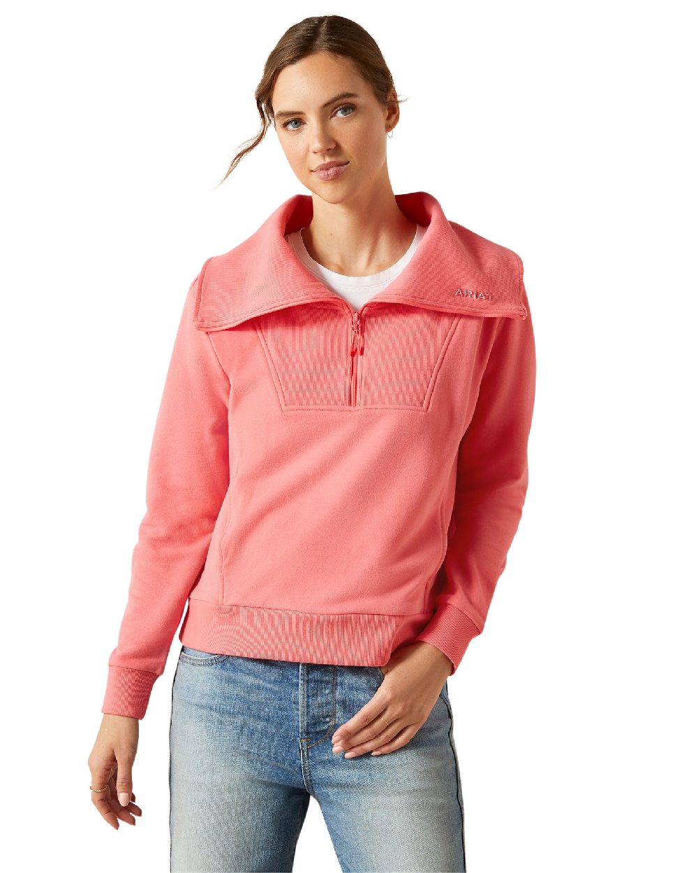 Coral Paradise coloured Ariat Womens Fern Half Zip Sweatshirt on white background