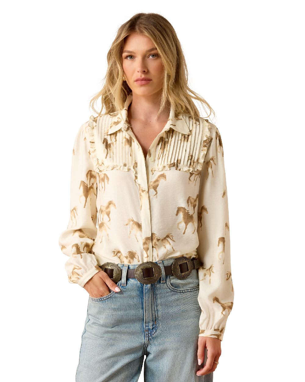 Running-Horse-Print coloured Ariat Womens Hannington Blouse on white background