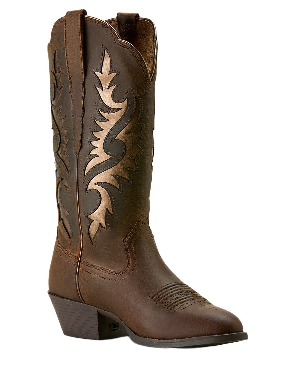 Sassy Brown coloured Ariat Womens Heritage R Toe Retro Western Boots on white background