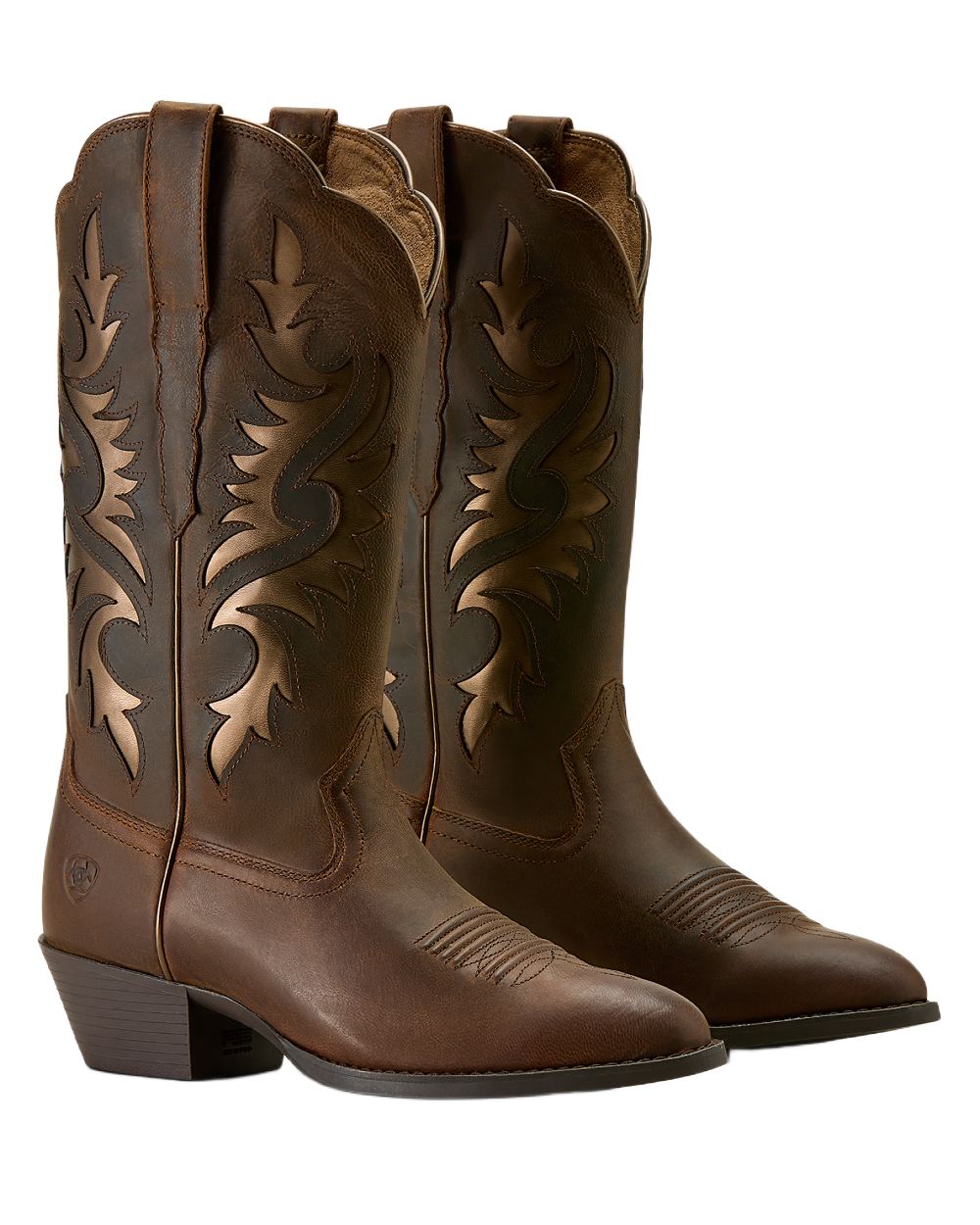 Sassy Brown coloured Ariat Womens Heritage R Toe Retro Western Boots on white background
