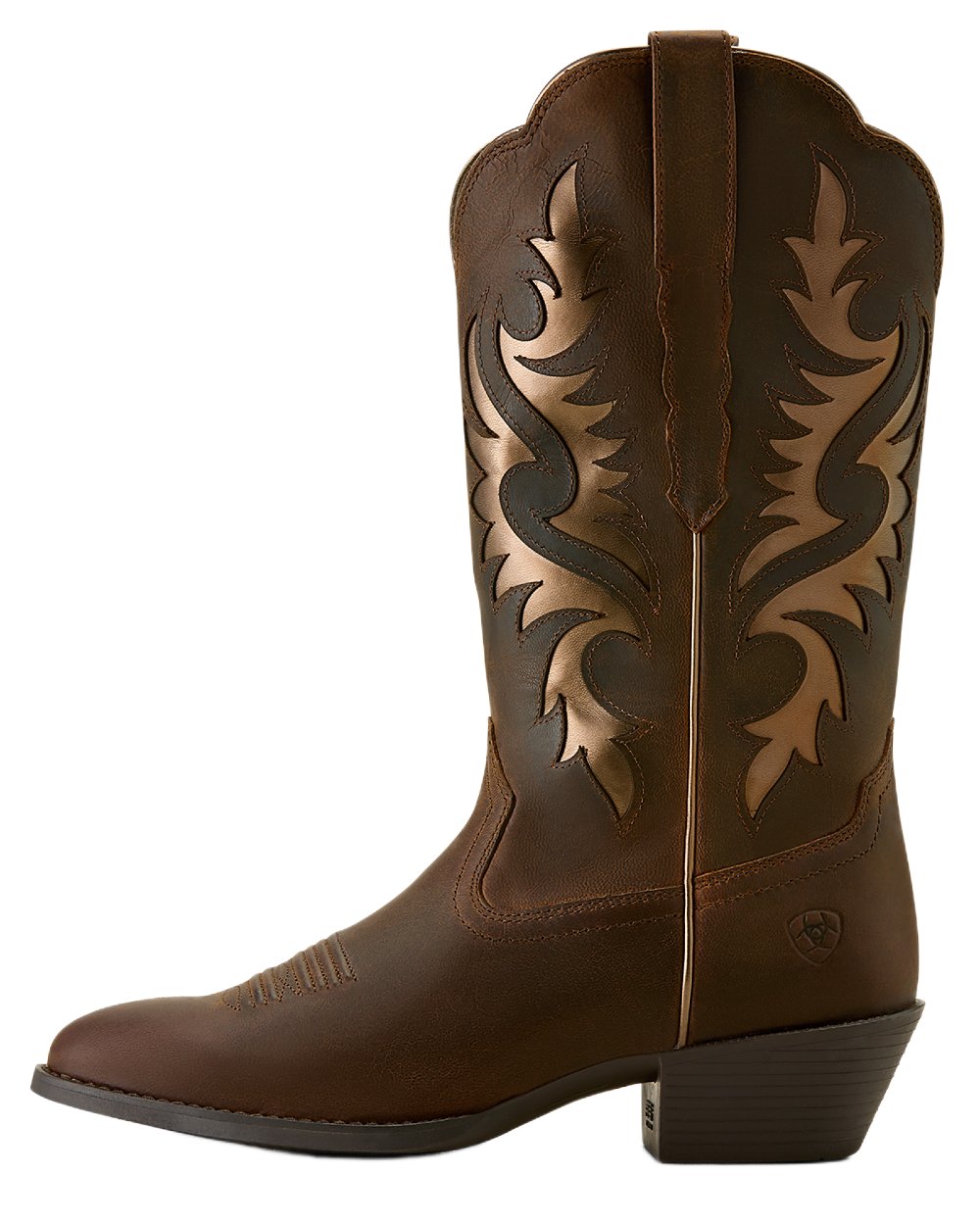 Sassy Brown coloured Ariat Womens Heritage R Toe Retro Western Boots on white background