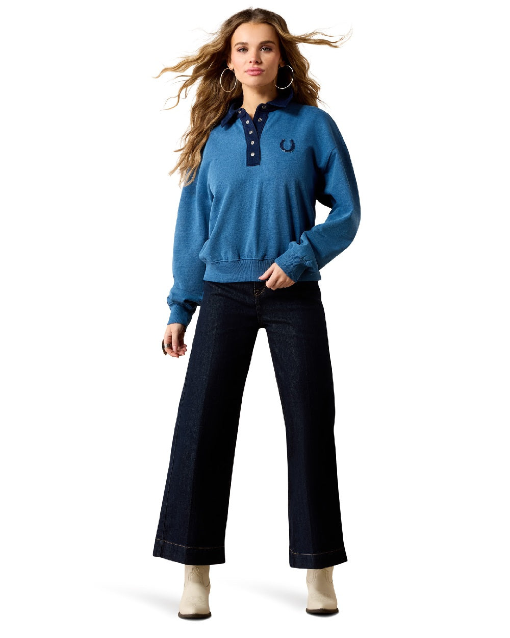 Indigo coloured Ariat Womens Hold Your Horses Sweatshirt on white background