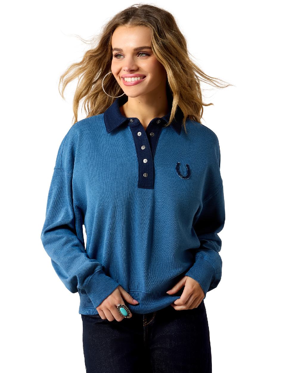 Indigo coloured Ariat Womens Hold Your Horses Sweatshirt on white background