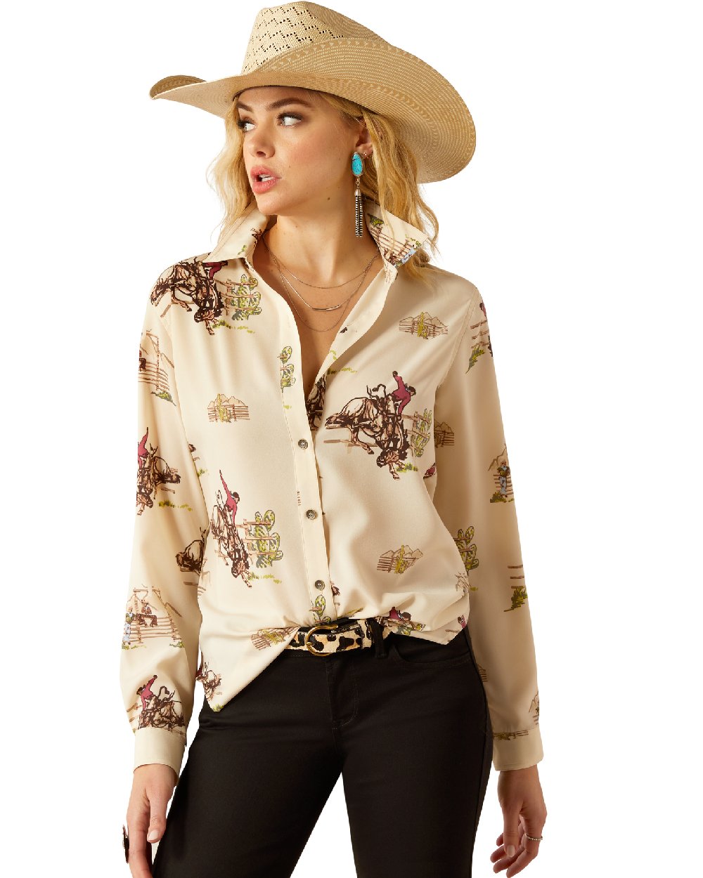 Round Up Print coloured Ariat Womens Homestyle Shirt on white background