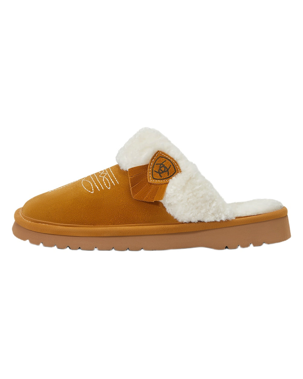 Chestnut coloured Ariat Womens Jackie Square Toe Slippers on white background