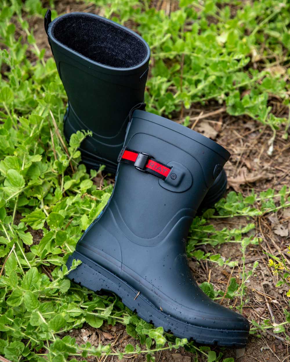 Navy coloured Ariat Womens Kelmarsh Mid Rubber Wellington Boots on leafy background