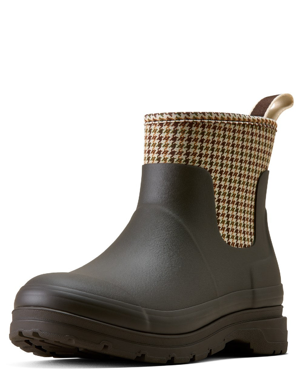 Chocolate coloured Ariat Womens Kelmarsh Shortie Rubber Boots on white background