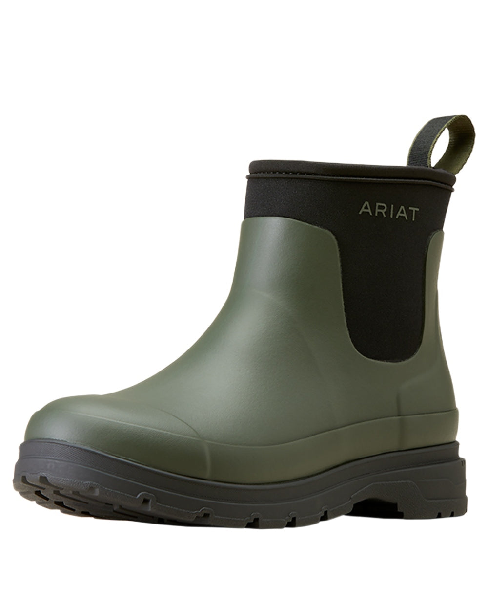Dark Olive coloured Ariat Womens Kelmarsh Shortie Rubber Boots on white background