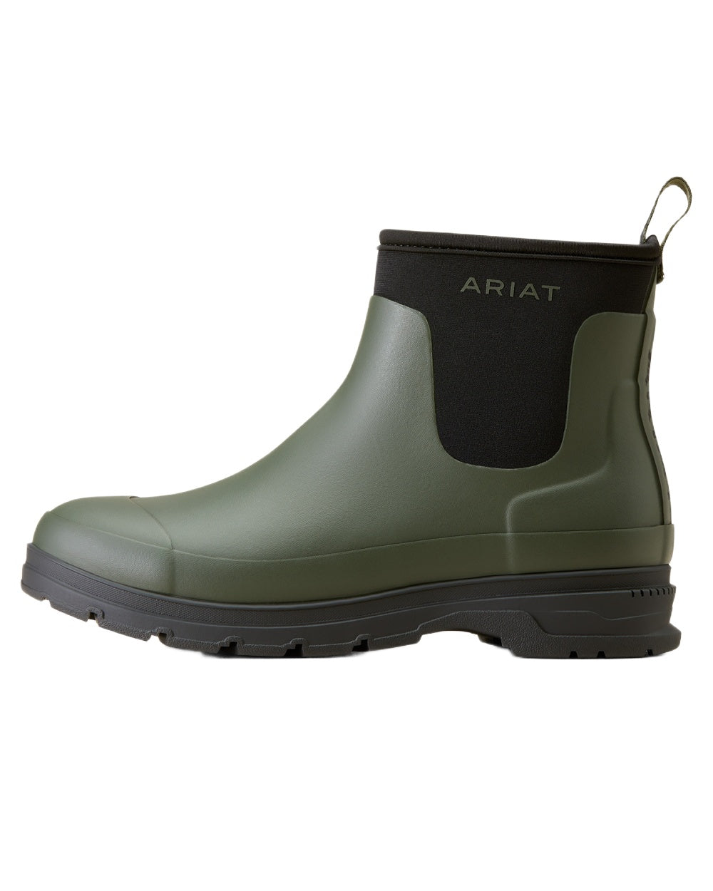Dark Olive coloured Ariat Womens Kelmarsh Shortie Rubber Boots on white background