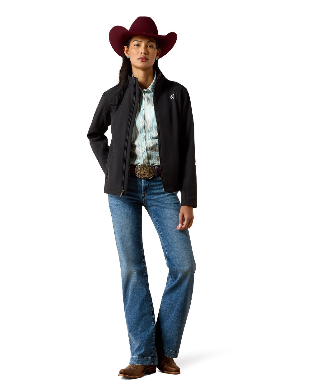 Black White coloured Ariat Womens Logo Softshell Jacket on white background
