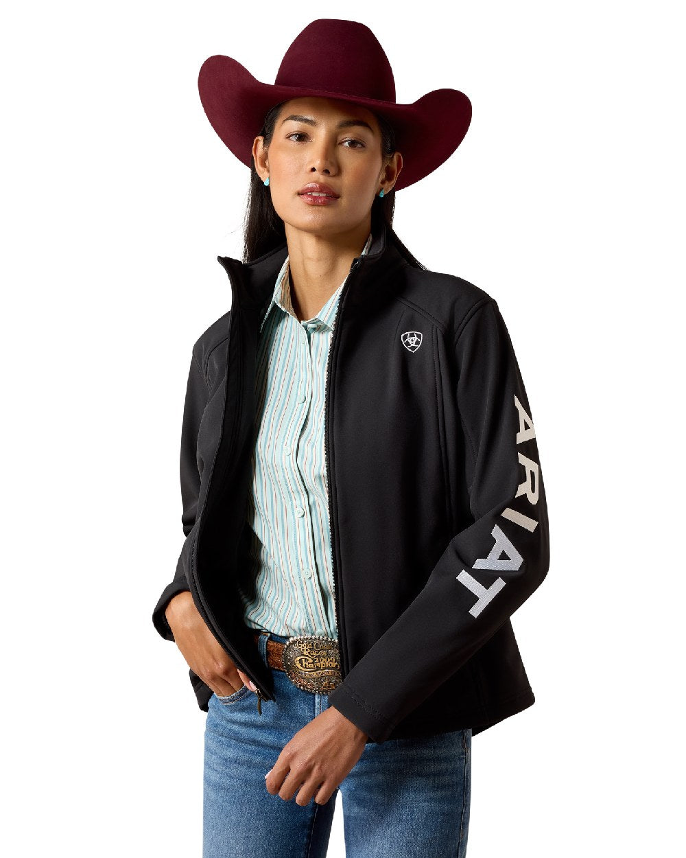 Black White coloured Ariat Womens Logo Softshell Jacket on white background
