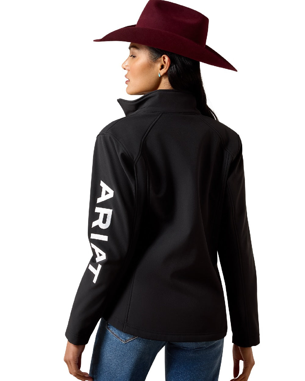 Black White coloured Ariat Womens Logo Softshell Jacket on white background