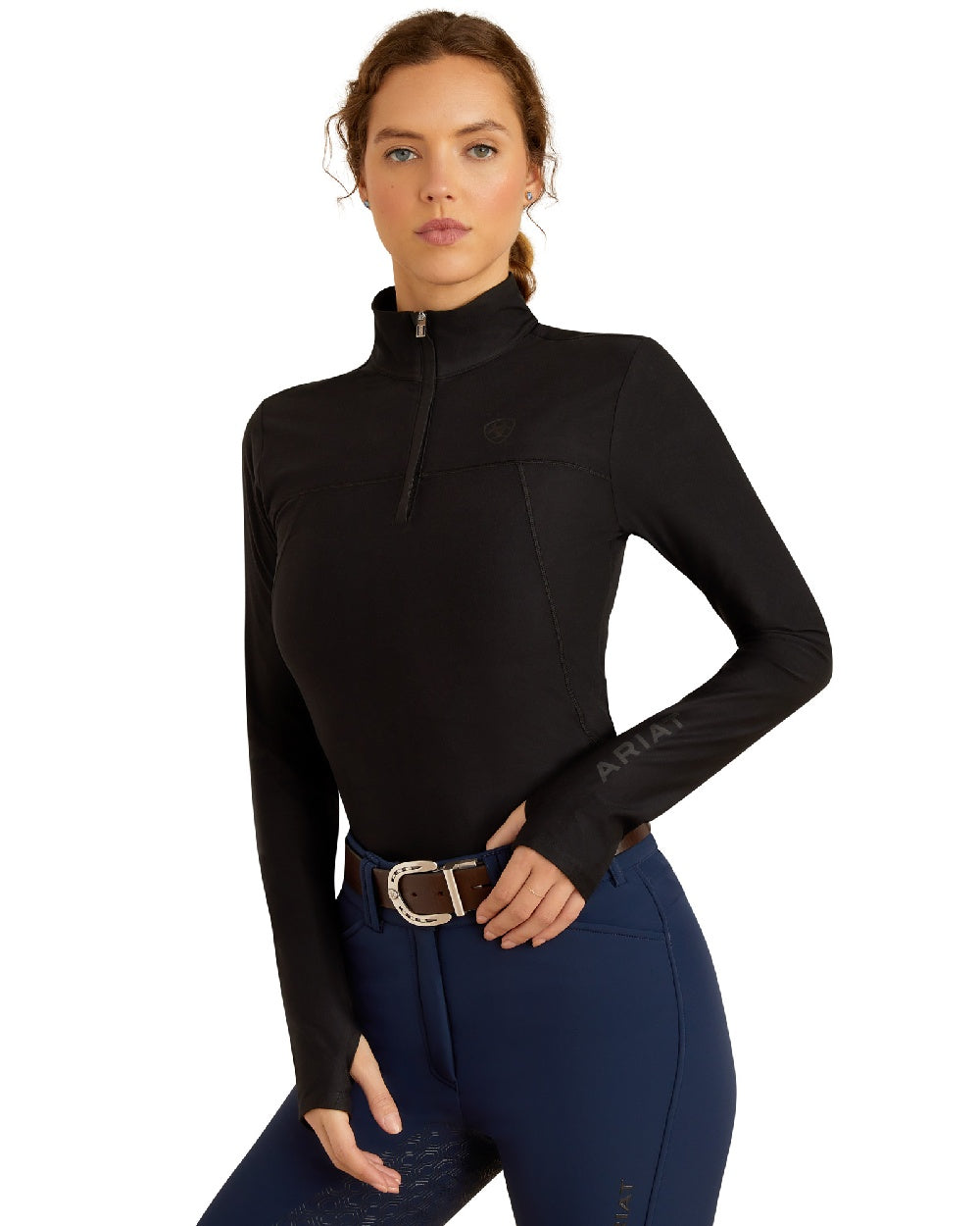 Black Coloured Ariat Womens Lowell 3.0 Quarter Zip Baselayer on white background