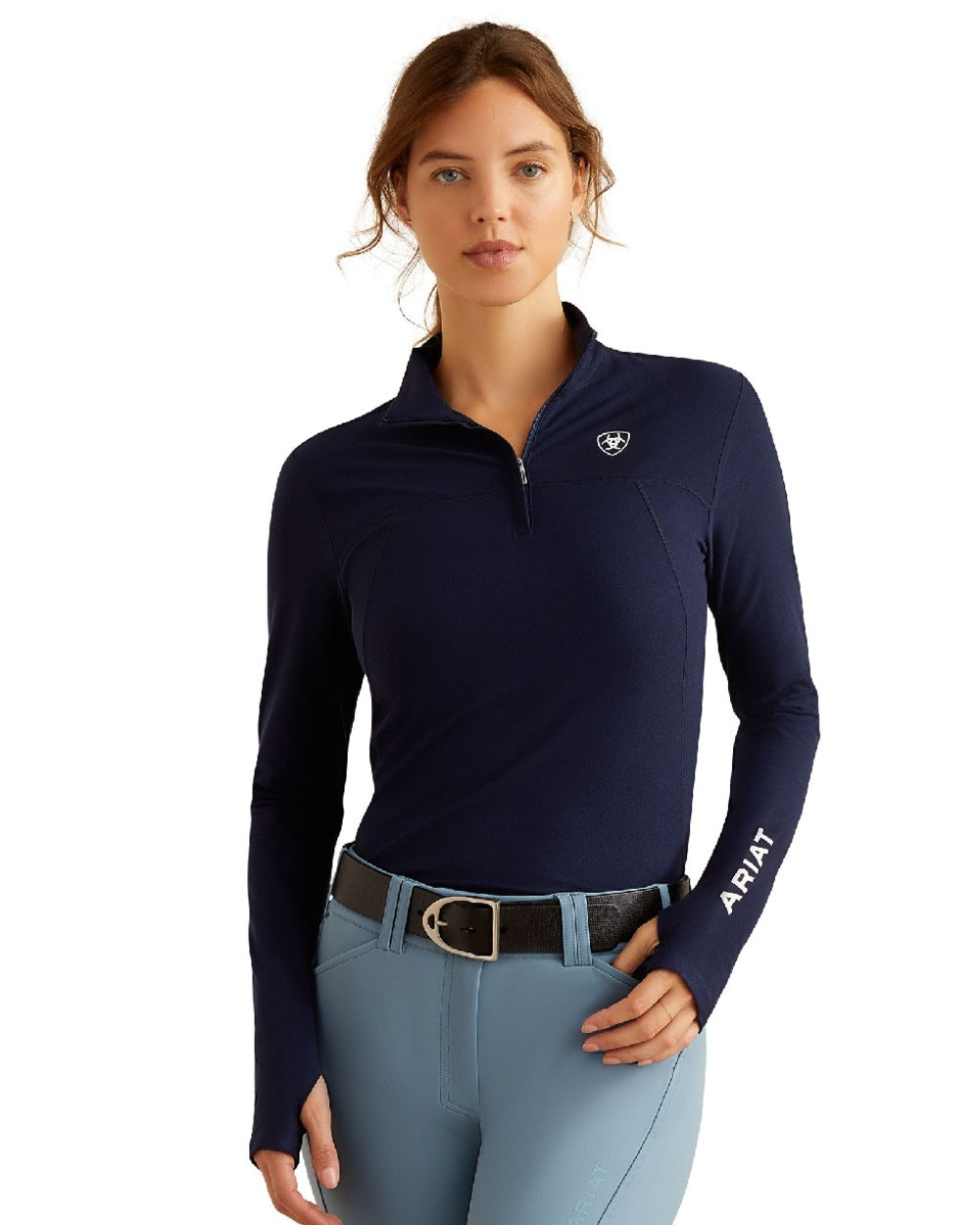Navy Eclipse Coloured Ariat Womens Lowell 3.0 Quarter Zip Baselayer on white background