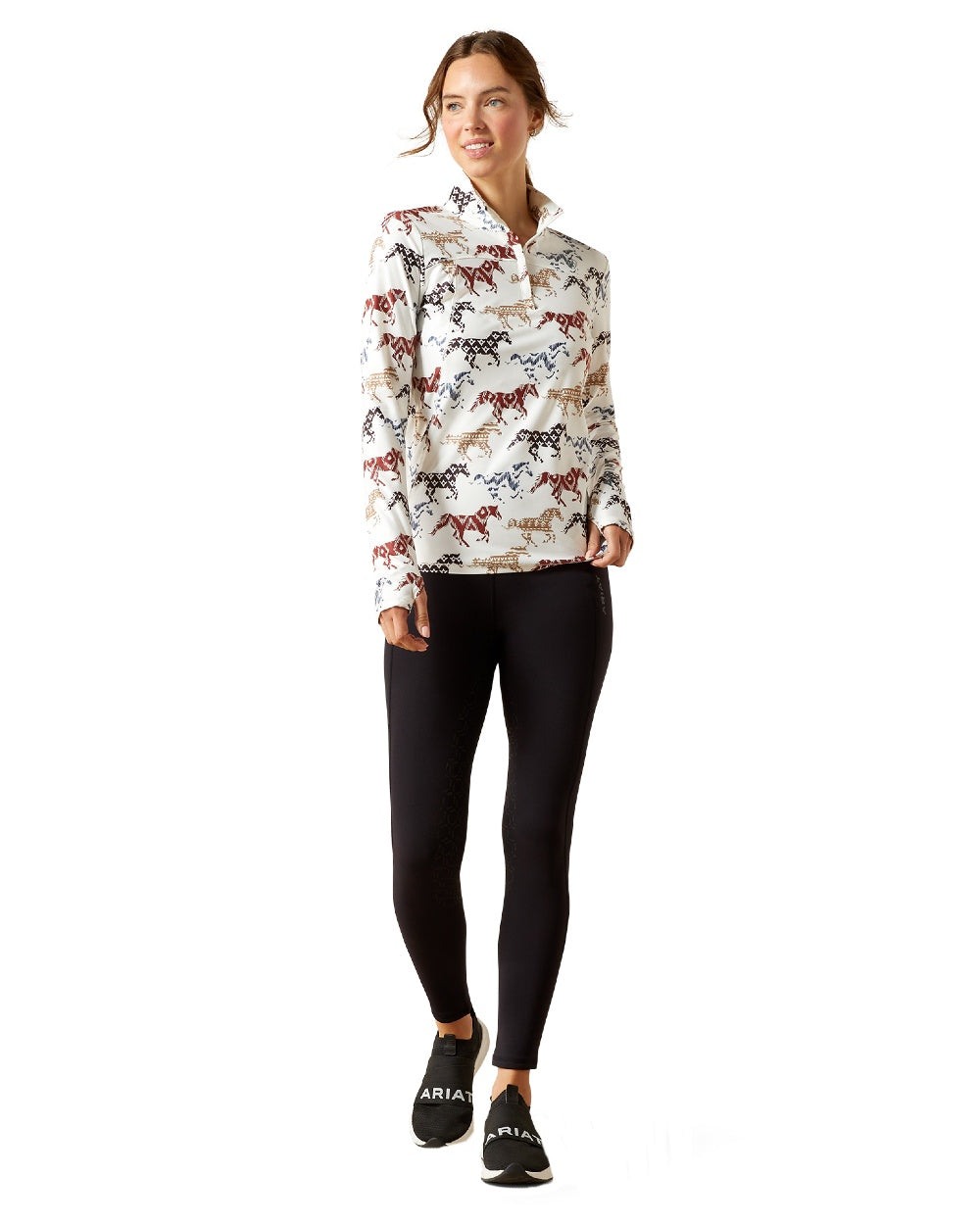 Painted Ponies Print Coloured Ariat Womens Lowell 3.0 Quarter Zip Baselayer on white background