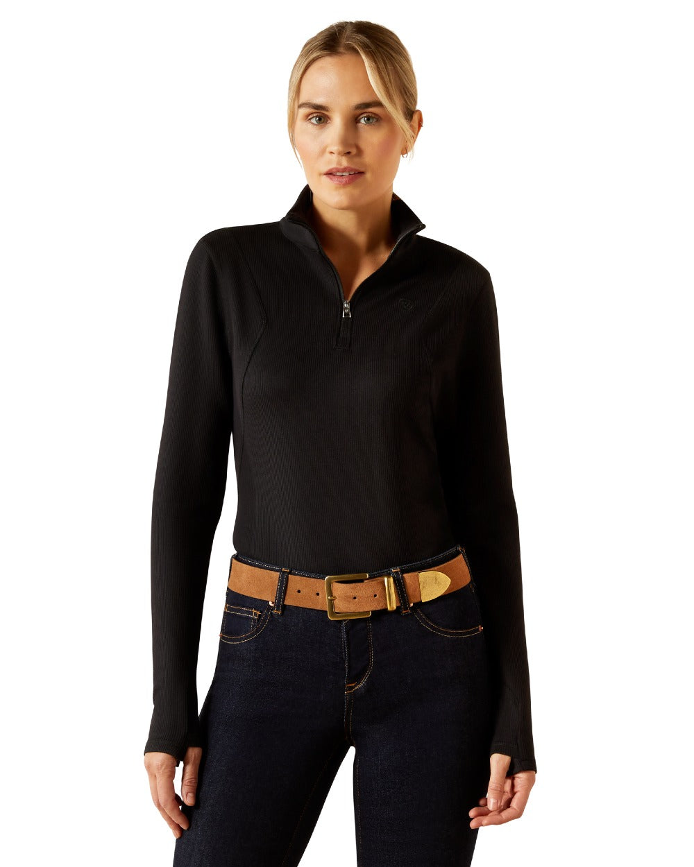 Black Coloured Ariat Womens Lucent Quarter Zip Baselayer on white background