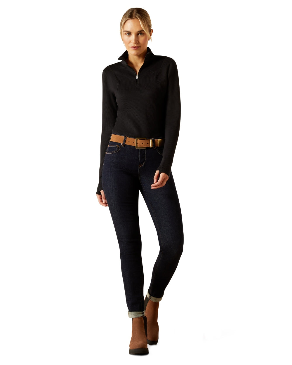 Black Coloured Ariat Womens Lucent Quarter Zip Baselayer on white background