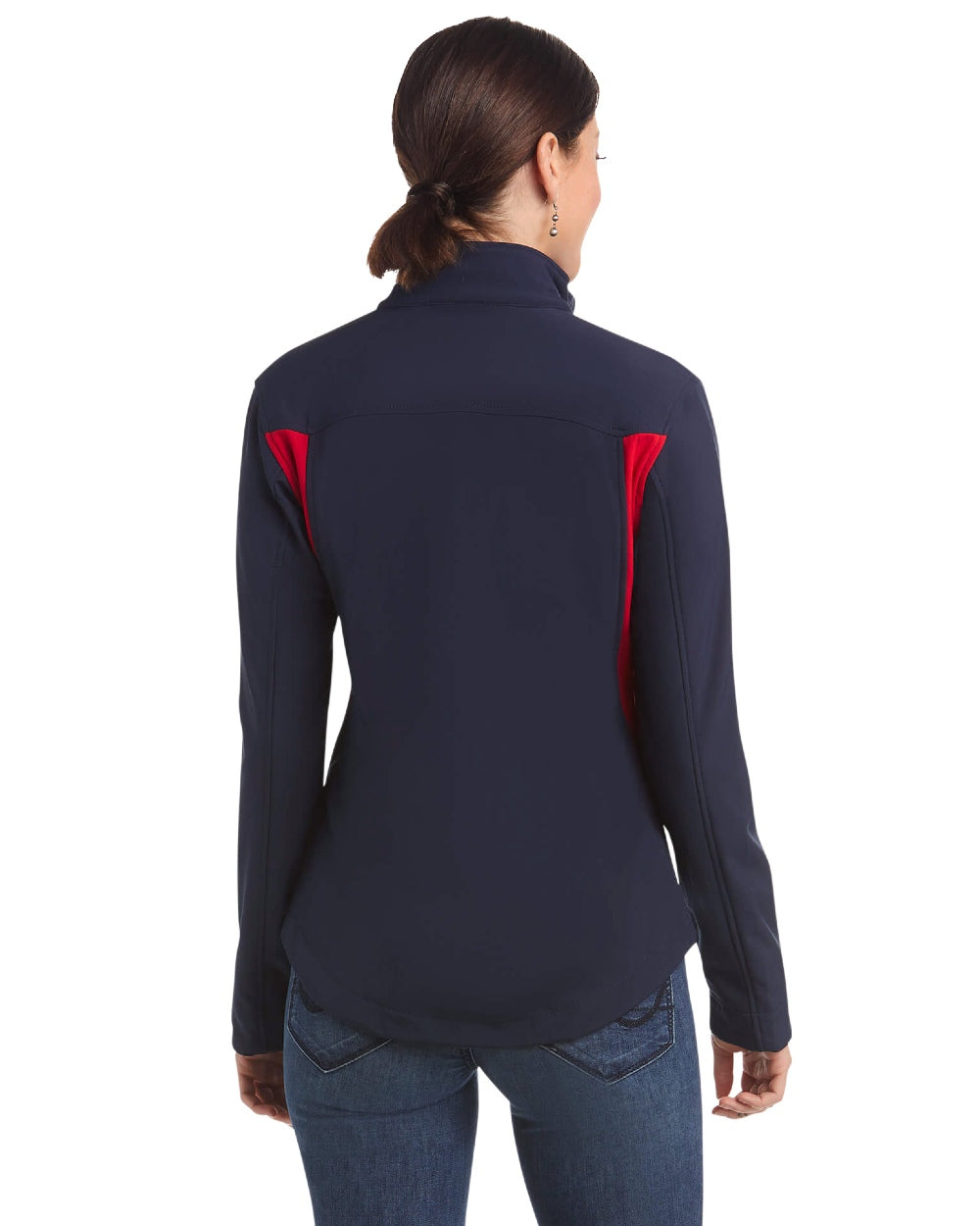 Navy Red coloured Ariat Womens New Team Softshell Jacket on white background