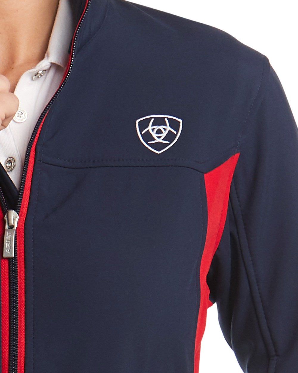 Navy Red coloured Ariat Womens New Team Softshell Jacket on white background
