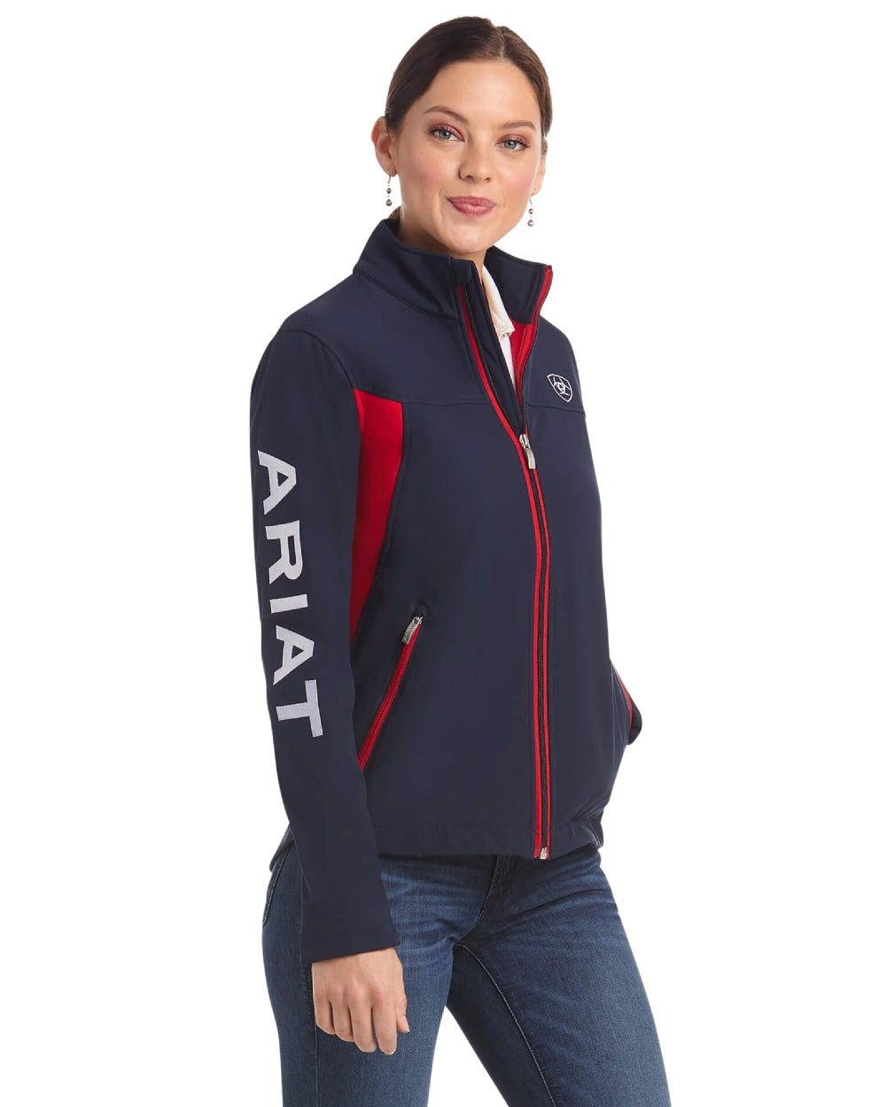Navy Red coloured Ariat Womens New Team Softshell Jacket on white background