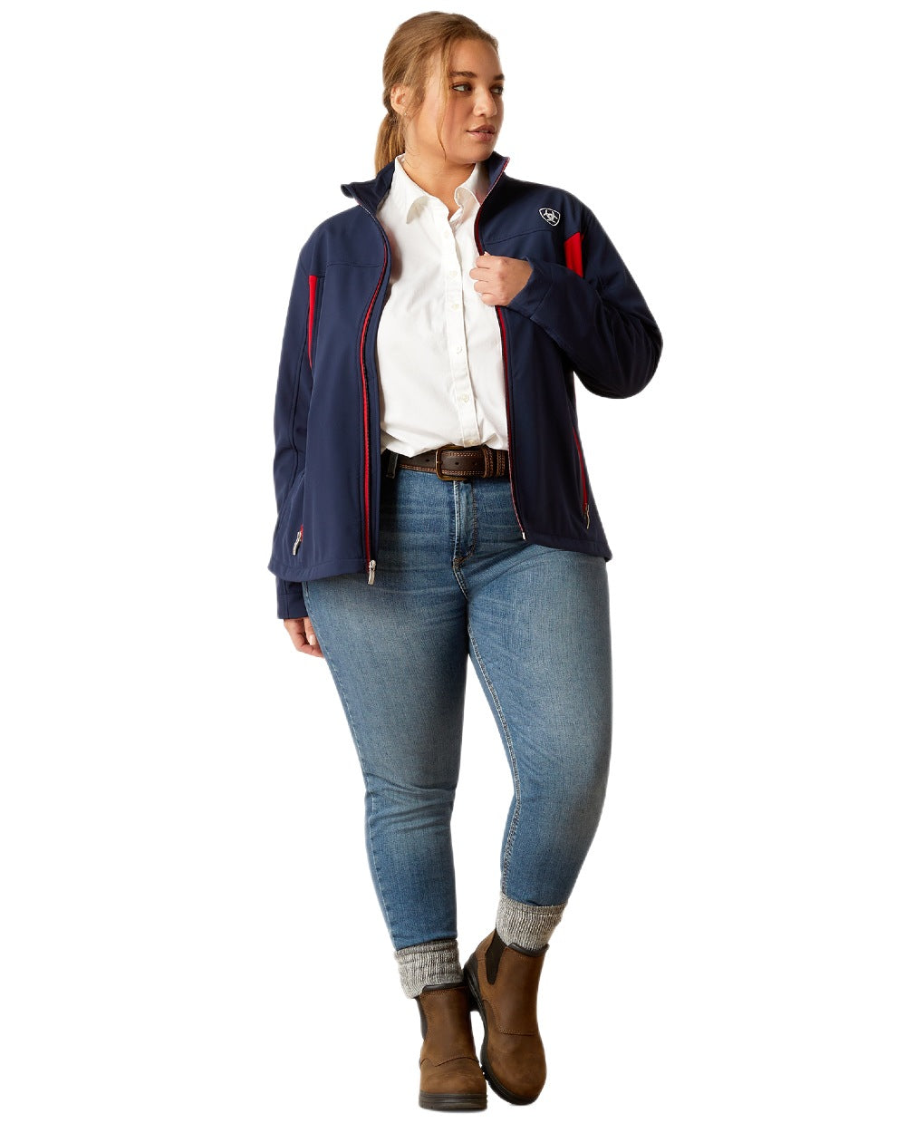 Navy Red coloured Ariat Womens New Team Softshell Jacket on white background