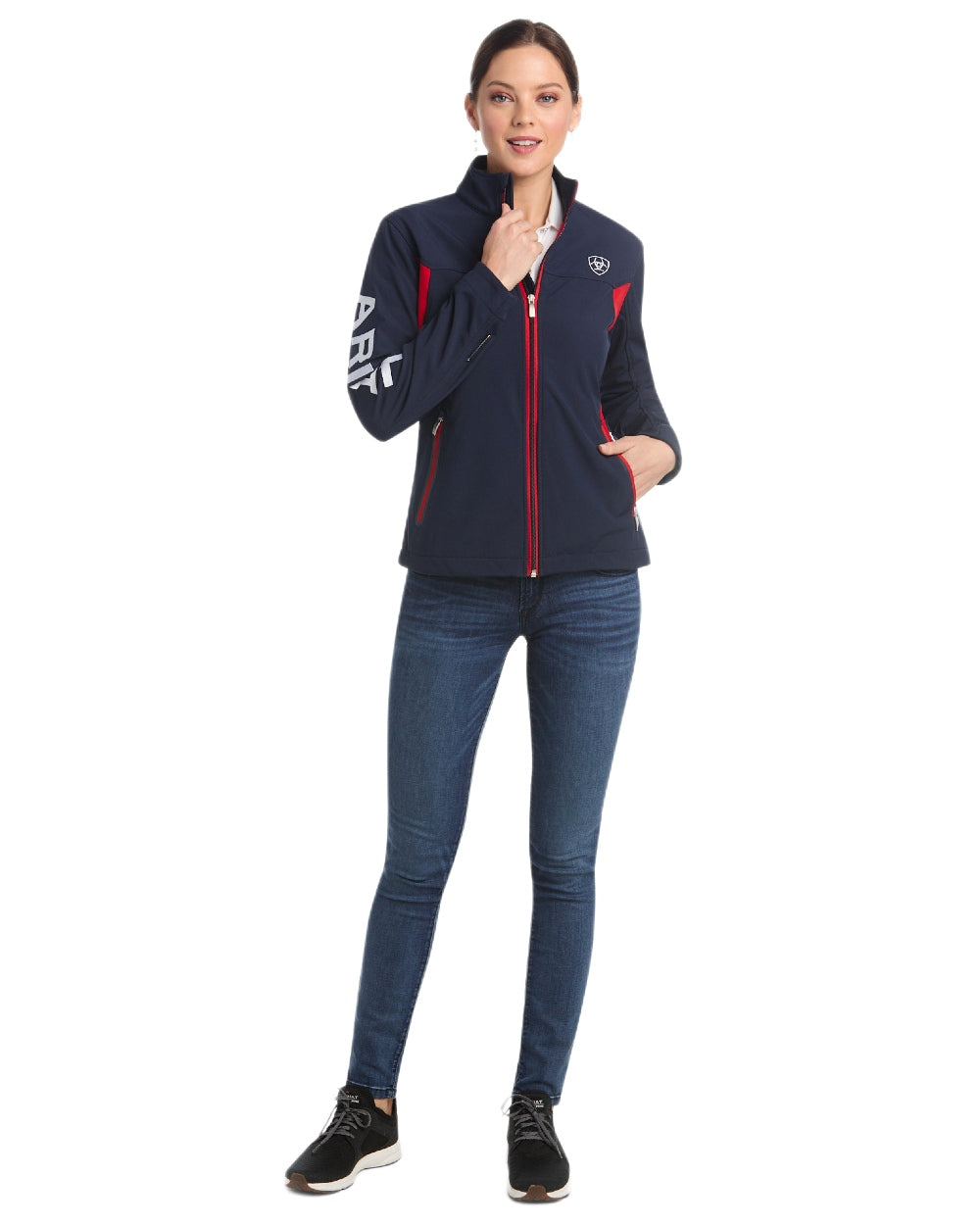 Navy Red coloured Ariat Womens New Team Softshell Jacket on white background