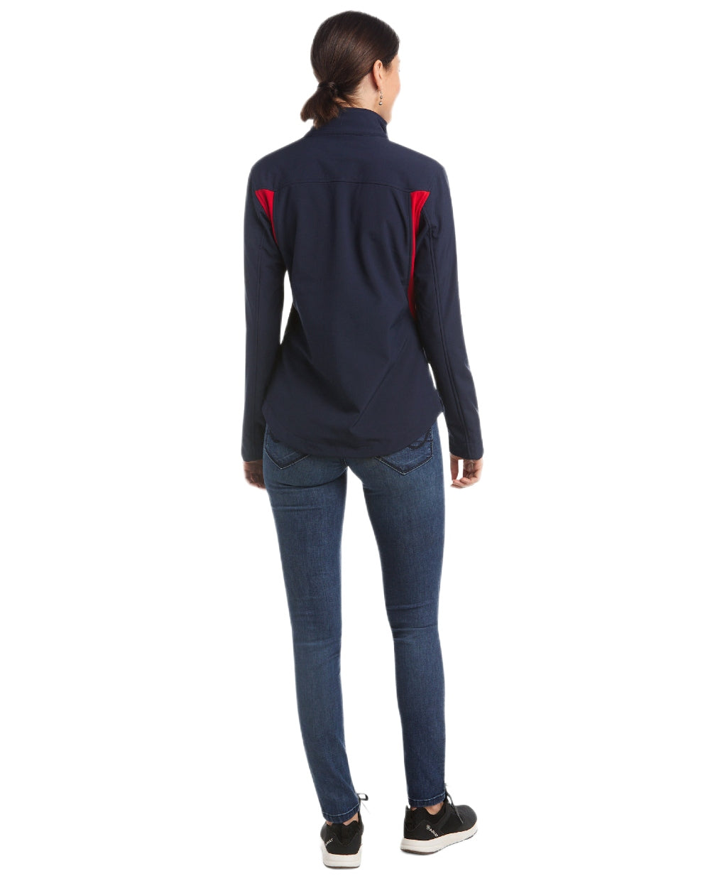 Navy Red coloured Ariat Womens New Team Softshell Jacket on white background