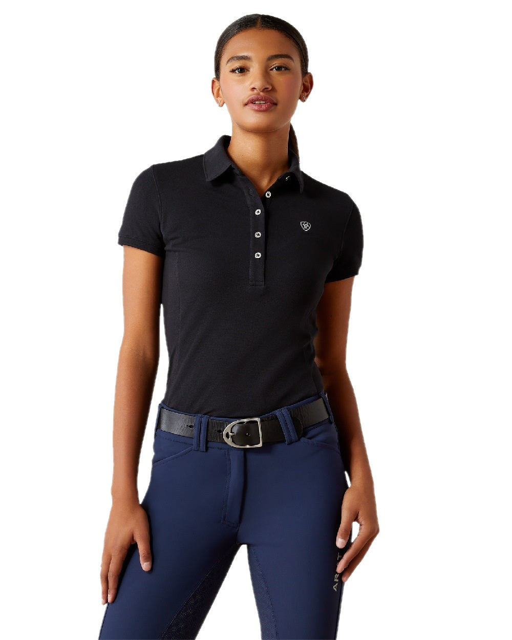 Black coloured Ariat Womens Prix 3.0 Polo Shirt on white background