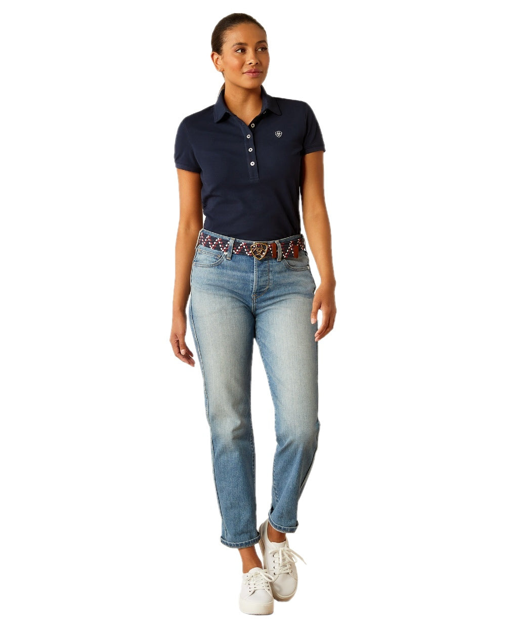 Navy Eclipse coloured Ariat Womens Prix 3.0 Polo Shirt on white background