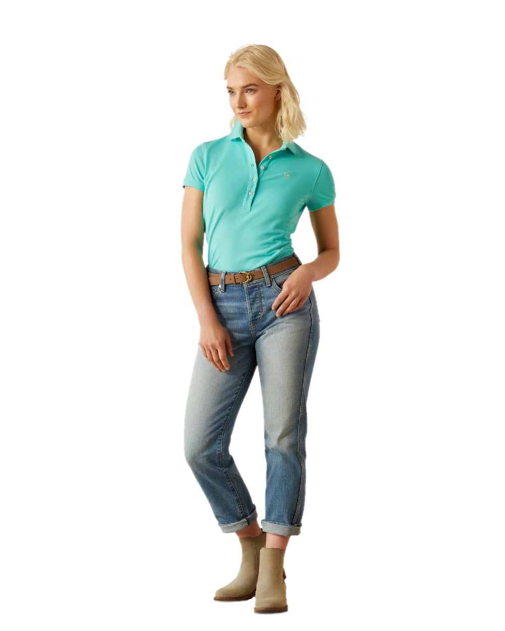 Pool Blue coloured Ariat Womens Prix 3.0 Polo Shirt on white background