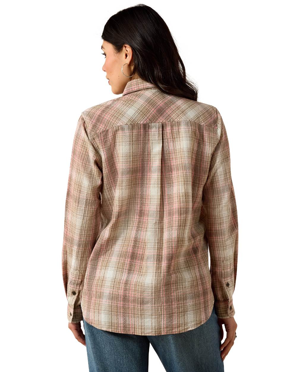 White Pepper Coral Plaid Coloured Ariat Womens Real Billie Jean Shirt on white background