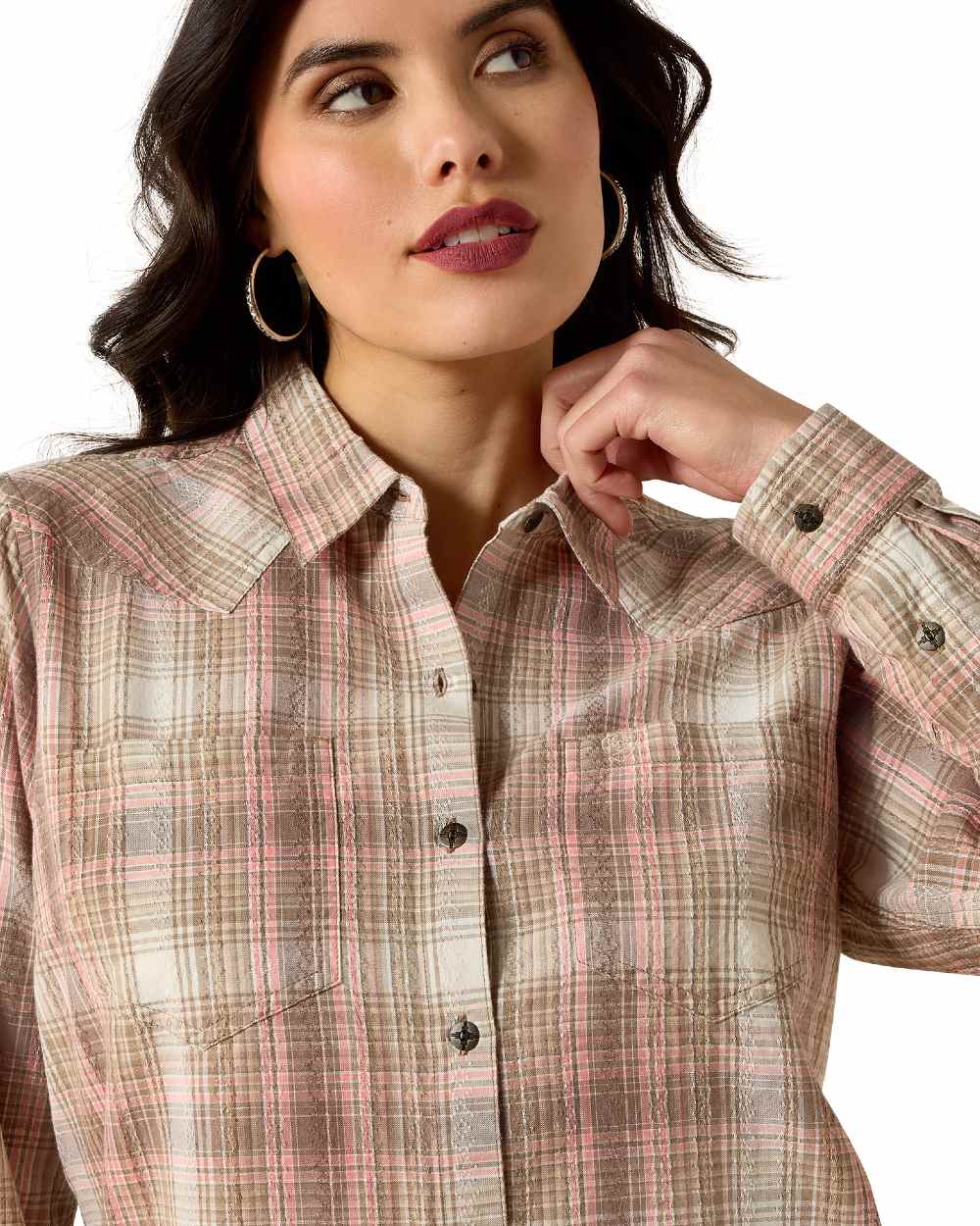 White Pepper Coral Plaid Coloured Ariat Womens Real Billie Jean Shirt on white background
