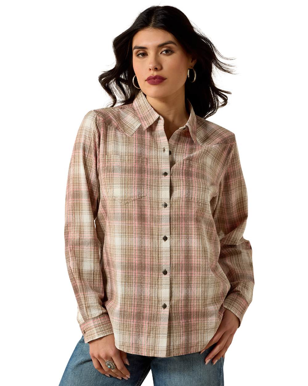 White Pepper Coral Plaid Coloured Ariat Womens Real Billie Jean Shirt on white background