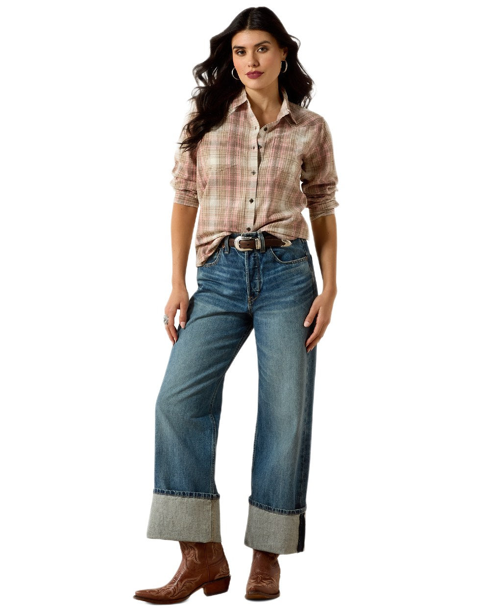 White Pepper Coral Plaid Coloured Ariat Womens Real Billie Jean Shirt on white background